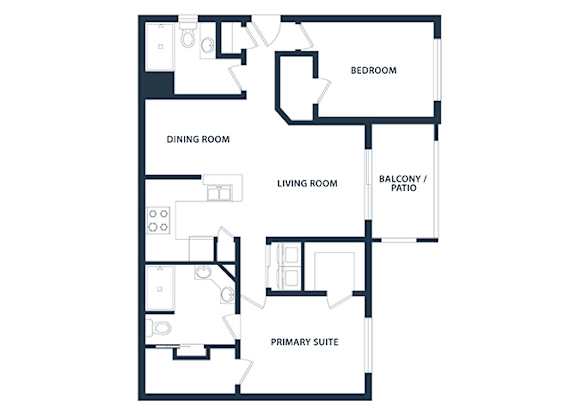 A floor plan of a house with a primary suite, living room, dining room, and bedroom.