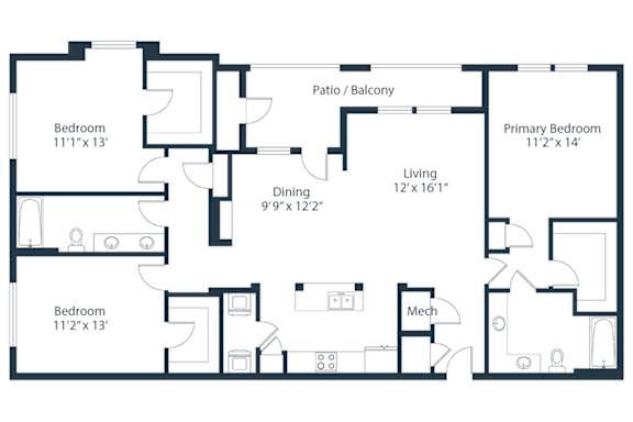 A floor plan of a house with a dining area, living room, and three bedrooms.