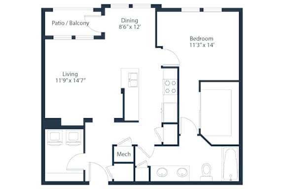 A floor plan of a small apartment with a living room, dining room, kitchen, bedroom, and a patio.