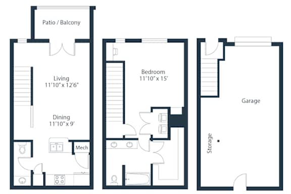 A floor plan of a house with a living room, dining room, bedroom, garage, and storage.