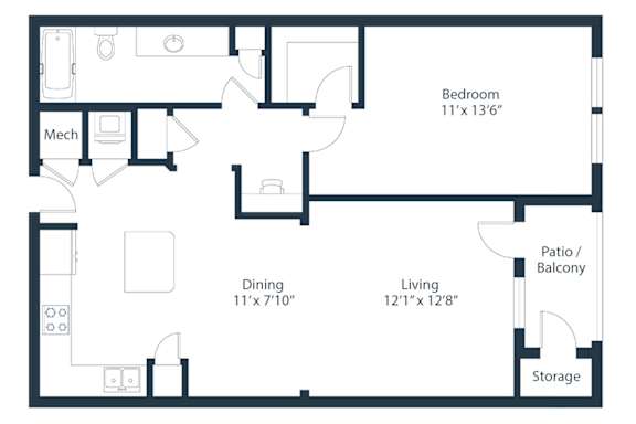 A floor plan of a small apartment with a bedroom, living room, dining area, storage, and a patio/balcony.