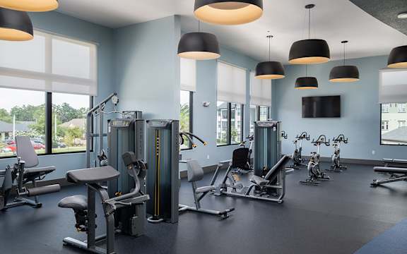 A gym with a variety of equipment including weights and cardio machines.