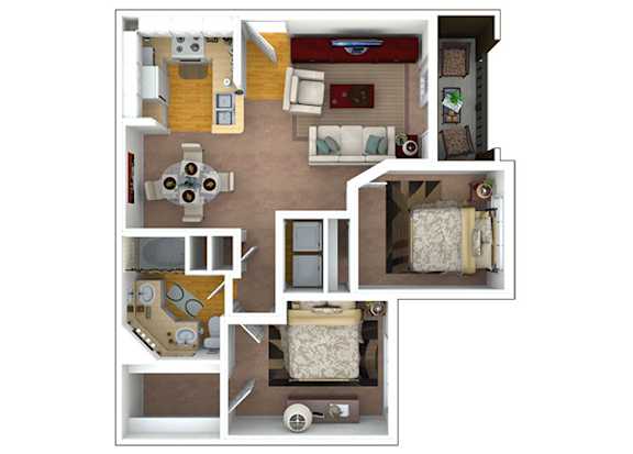 A 3D floor plan of a house with a kitchen, living room, and two bedrooms.