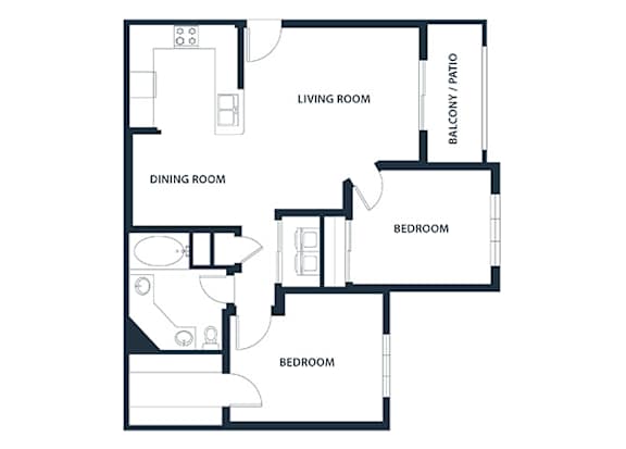 A black and white image of a floor plan for a home with a living room, dining room, and two bedrooms.