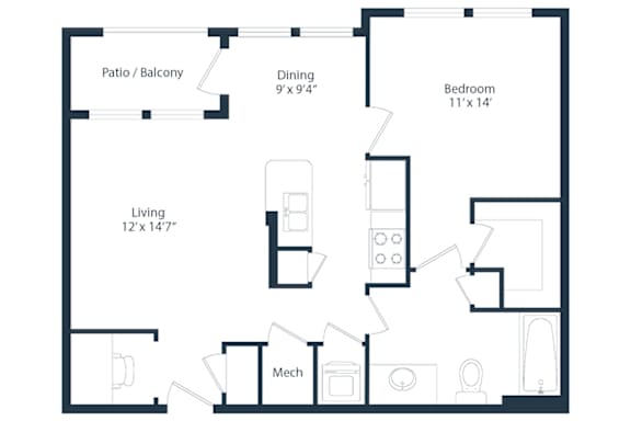 A floor plan of a small apartment with a living room, dining room, kitchen, and bedroom.