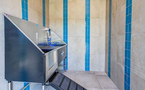 A black stainless steel sink in a bathroom with blue tiles.
