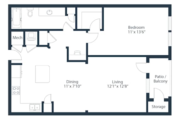 A floor plan of a home with a bedroom, dining area, living room, patio, balcony, and storage.