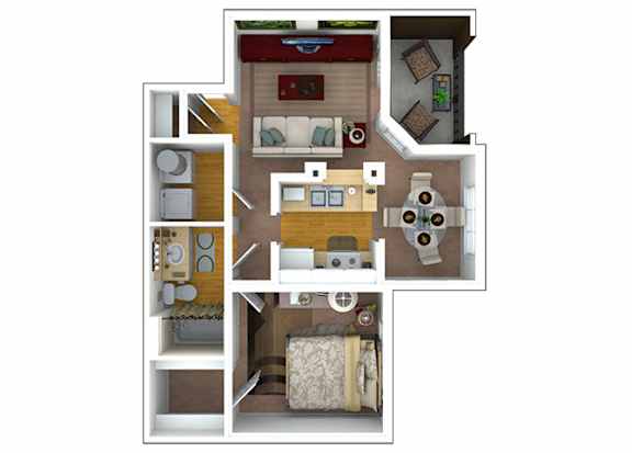 A 3D floor plan of a small apartment with a kitchen, living room, and bathroom.