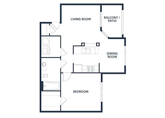 A black and white image of a floor plan for a home with a living room, dining room, and bedroom.