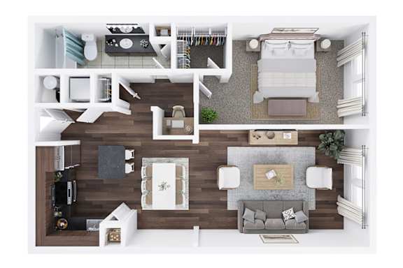 A top-down view of a modern living room with a grey sofa, a coffee table, and a TV.