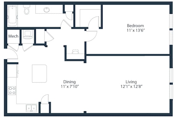 A floor plan of a small apartment with a bedroom, dining room, and living room.