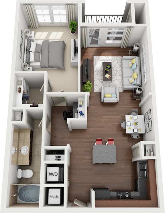 A 3D floor plan of a small apartment with a living room, kitchen, and bathroom.