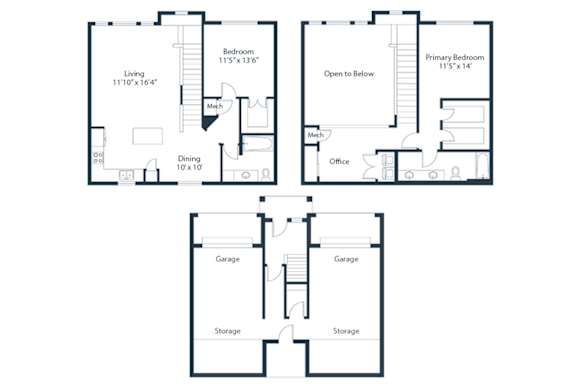 A floor plan of a two-story house with a living room, two bedrooms, two garages, and storage.
