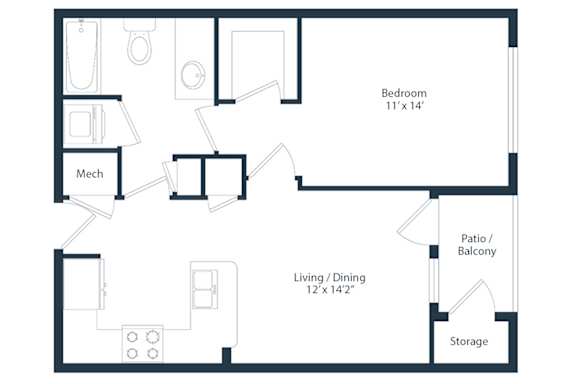 A floor plan of a small apartment with a bedroom, living room, storage, and a mech.