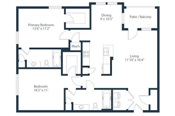 A floor plan of a house with a primary bedroom, a mech, a dining area, a living room, and a patio.