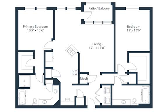 A floor plan of an apartment with a living room, two bedrooms, a bathroom, and a kitchen.
