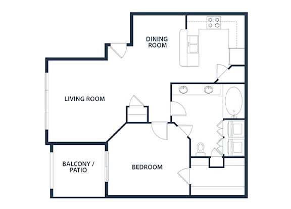 A black and white image of a floor plan for a home with a living room, dining room, bedroom, and balcony.
