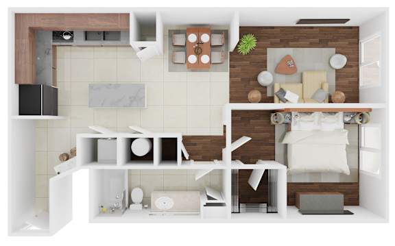 A modern, minimalist kitchen and living room with white and wood elements.
