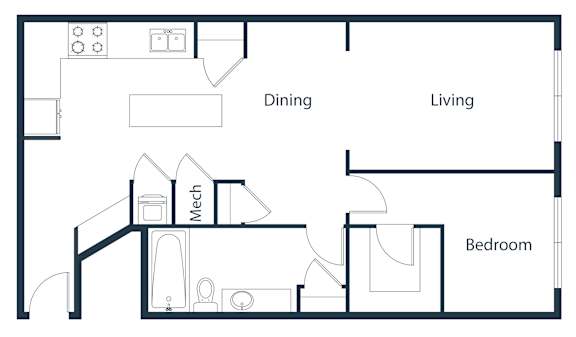 A floor plan of a small apartment with a bedroom, living room, and kitchen.
