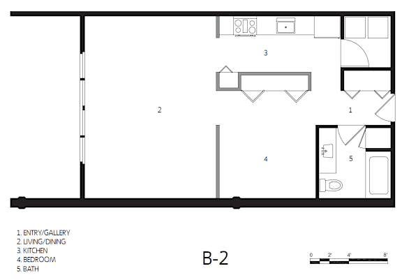 A black and white image of a floor plan of an B-2 plan