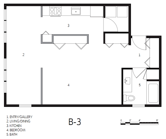 A black and white image of a floor plan for a B-3 apartment.