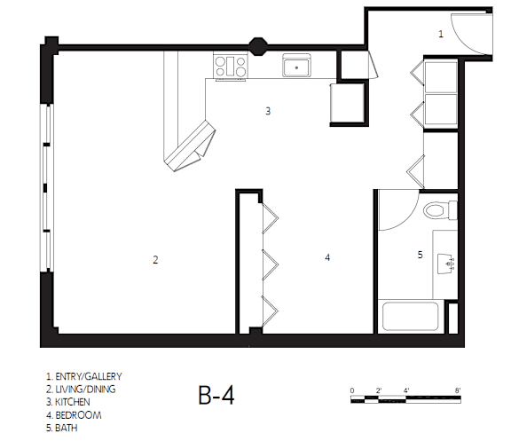 A black and white drawing of a floor plan for a B-4 room.
