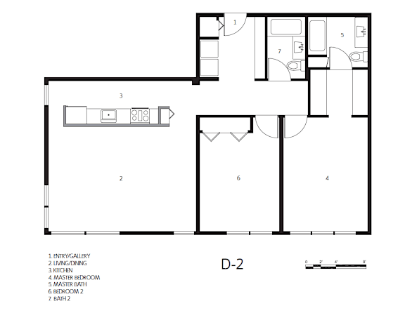 A black and white drawing of a floor plan for a D-2 apartment.
