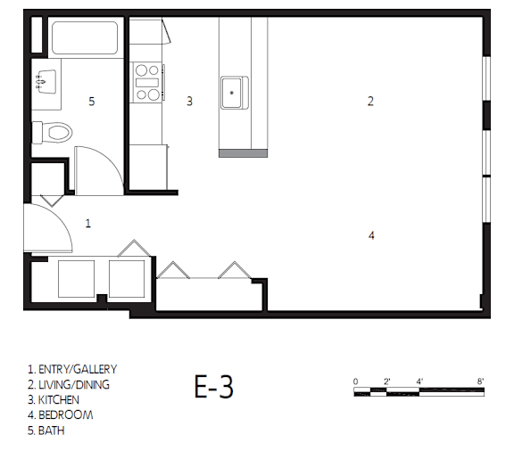 A black and white image of a floor plan for a room labeled E-3.