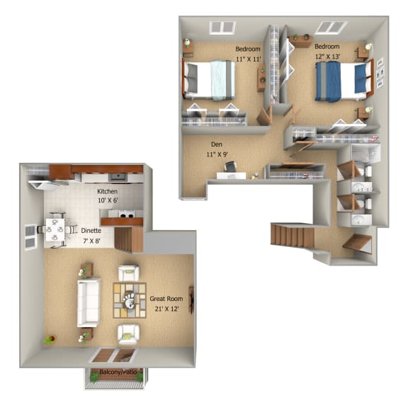 Floor Plan  2 Bedroom with Den 1.5 Bath 1150 sqft with furniture at Woodmere Townhomes, Cedarburg, WI