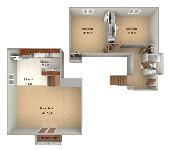 2 bedroom townhouse 1050 sqft Floor Plan at Woodmere Townhomes, Cedarburg, WI