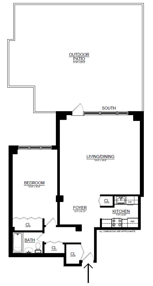 A floor plan of a house with a living room, dining room, kitchen, bedroom, bathroom, and an outside patio.