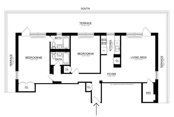 A black and white floor plan of a house with two bedrooms, a living area, a kitchen, a bath, and a foyer.