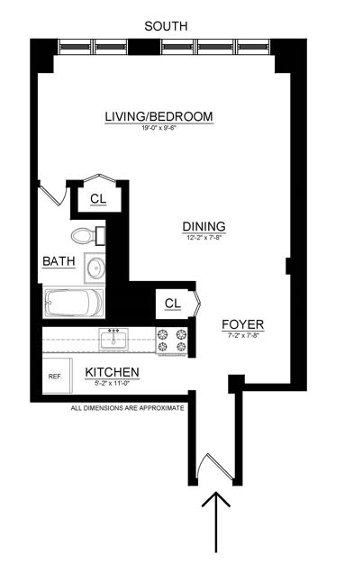 A floor plan of a small apartment with a living room, dining area, kitchen, bathroom, and cloakroom.