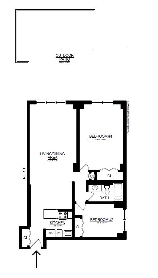 A black and white image of a floor plan for a house with two bedrooms, a living/dining area, a bathroom, and an outdoor patio.