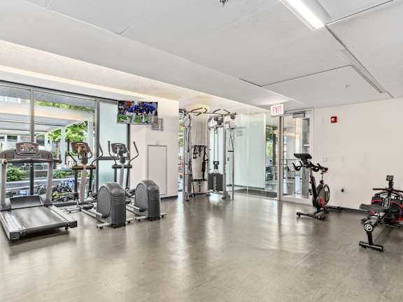 A gym with treadmills, exercise bikes and other equipment.