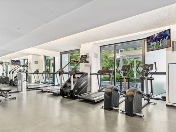 two treadmills and ellipticals in a gym with glass doors at One 333, Chicago, IL, 60605