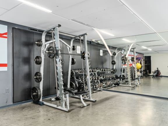 the weights room at the back of the gym at One 333, Chicago, IL