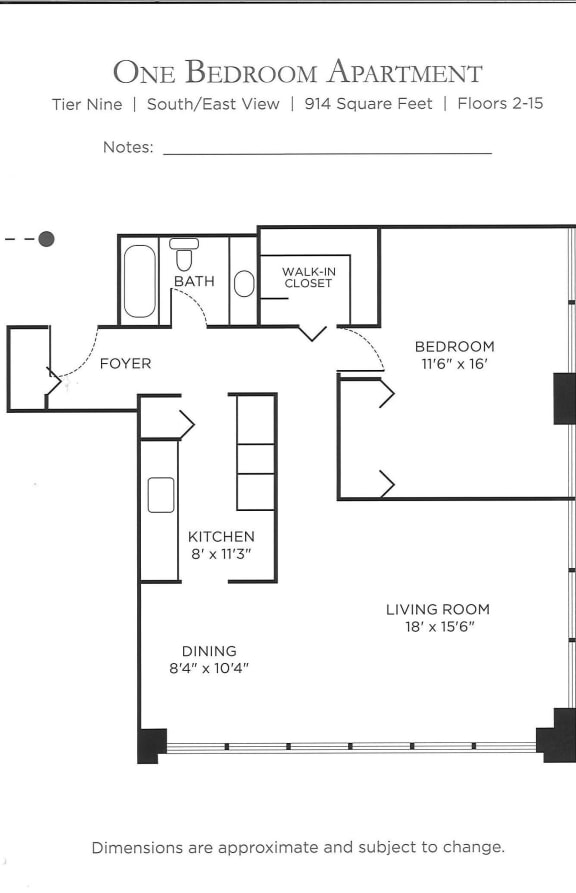 1 Bedroom Floor Plan at Columbus Plaza, Illinois, 60601