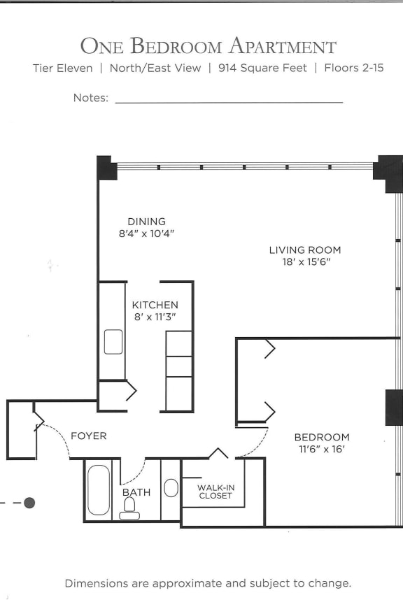1 Bedroom Floor Plan at Columbus Plaza, Chicago, IL, 60601