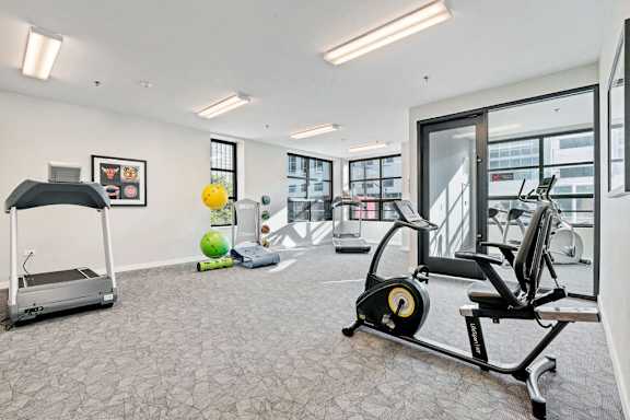A gym with a treadmill, exercise ball, and weight machine.