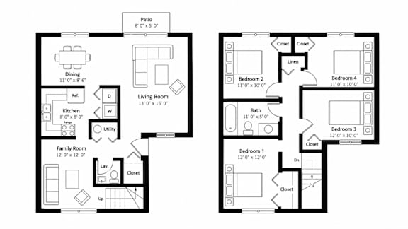 A floor plan of a two bedroom apartment with a living room and a family room.