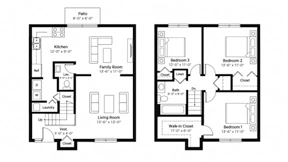 A floor plan of a two bedroom apartment with a living room and kitchen.