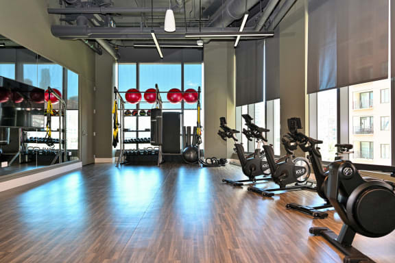 a workout room with weights and cardio machines in a gym  at Cassidy on Canal, Chicago, Illinois