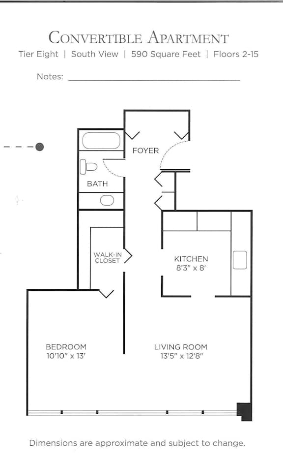 A floor plan for a convertible apartment with a living room, kitchen, bath, and bedroom.