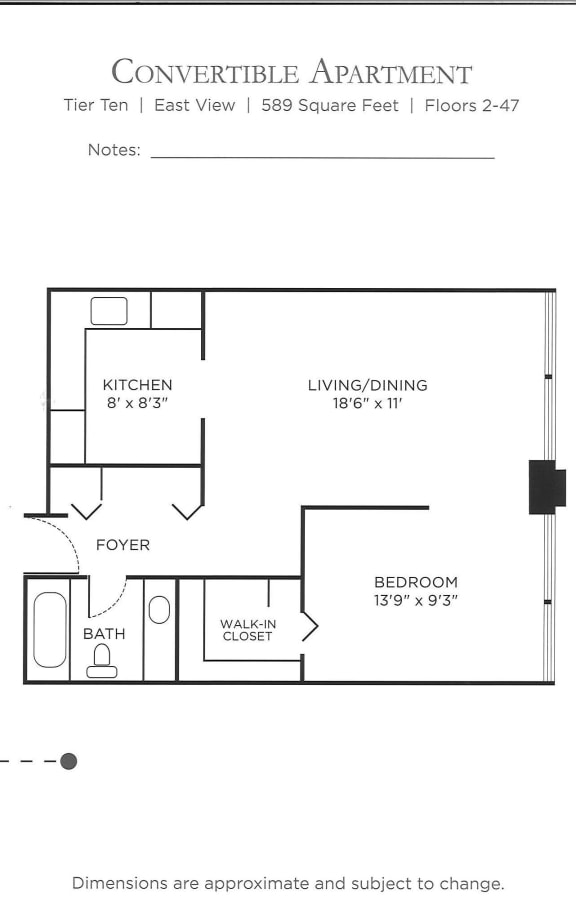 1 Bedroom 1 Bathroom Floor Plan at Columbus Plaza, Chicago, 60601