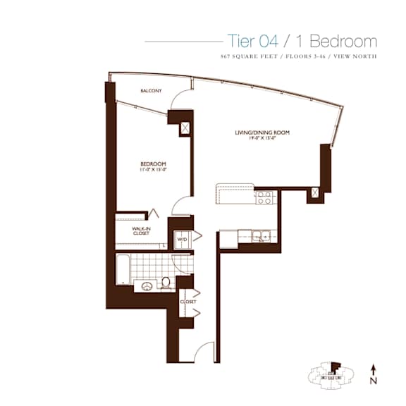 One Bedroom Floor Plan A at Kingsbury Plaza, Chicago
