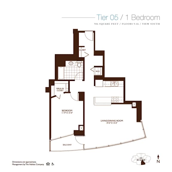 1 Bed 1 Bath Floor Plan at Kingsbury Plaza, Illinois