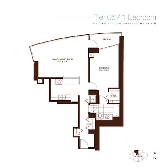 1 Bedroom 1 Bath Floor Plan at Kingsbury Plaza, Illinois, 60654