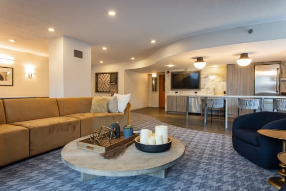 a living room filled with furniture and a large window at Kingsbury Plaza, Illinois, 60654