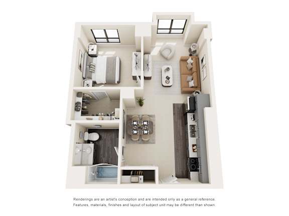 A floor plan of a house with a kitchen, living room, and two bedrooms.